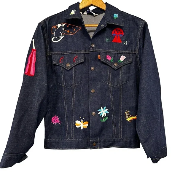 VTG 70s Levi’s Embroidered Tiger Denim Trucker Jacket Floral Patch Small RARE - Picture 2 of 16